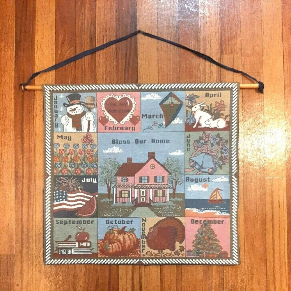 Vintage 19 X 21 Tapestry Holiday Months of the Year Banner Wall Hanging AS IS